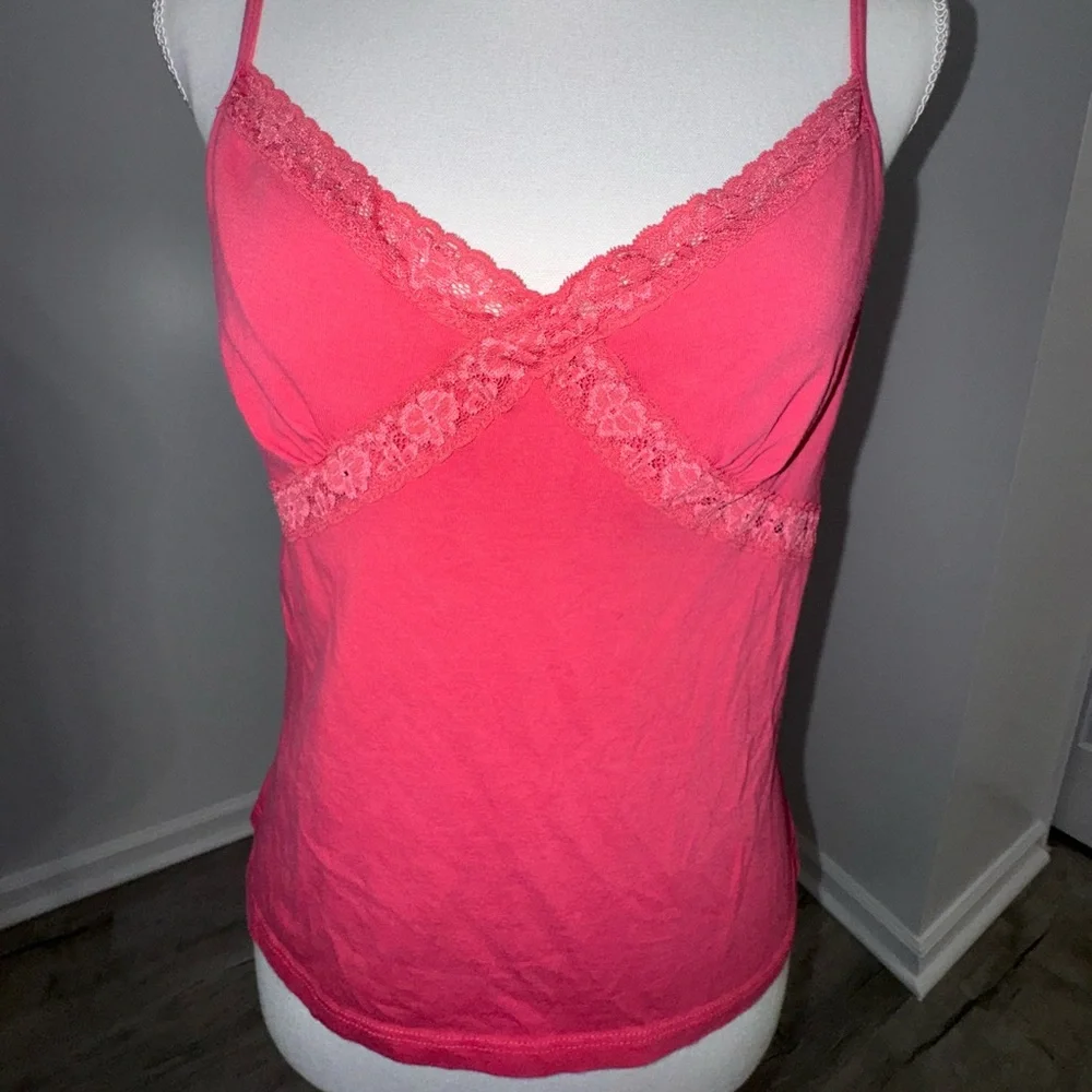 Caribbean Joe Pink Lace Trim Camisole‎ Tank Top Large Y2K Built In Bra